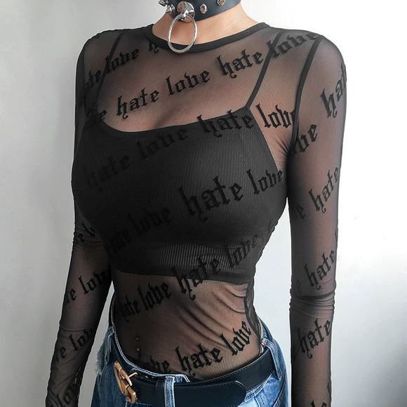 Tops - ZARA Stylish Sexy Sheer Letter Print Mesh Long Sleeve Top for Women